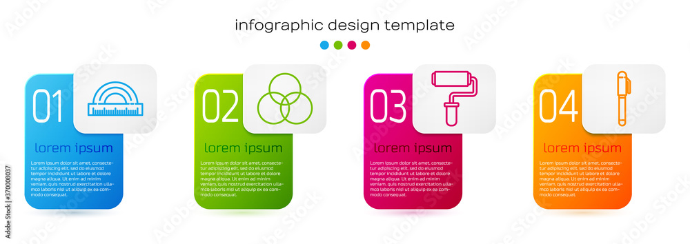 Set line Protractor，RGB和CMYK调色，Paint roller brush and Pen。商业信息图项目