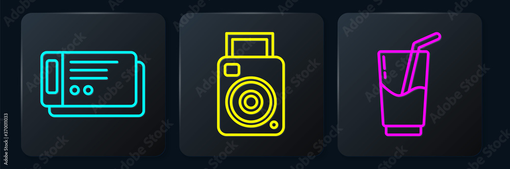 Set line Travel ticket, Cocktail and alcohol drink and Photo camera. Black square button. Vector.