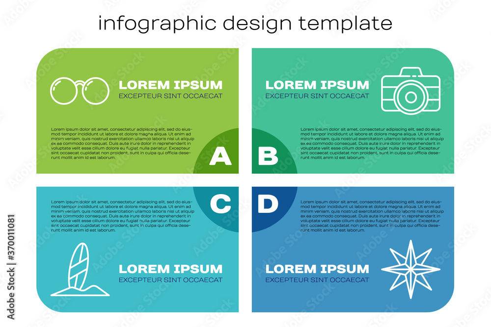 设置线路冲浪板、眼镜、风玫瑰和照相相机。商业信息图模板。矢量。