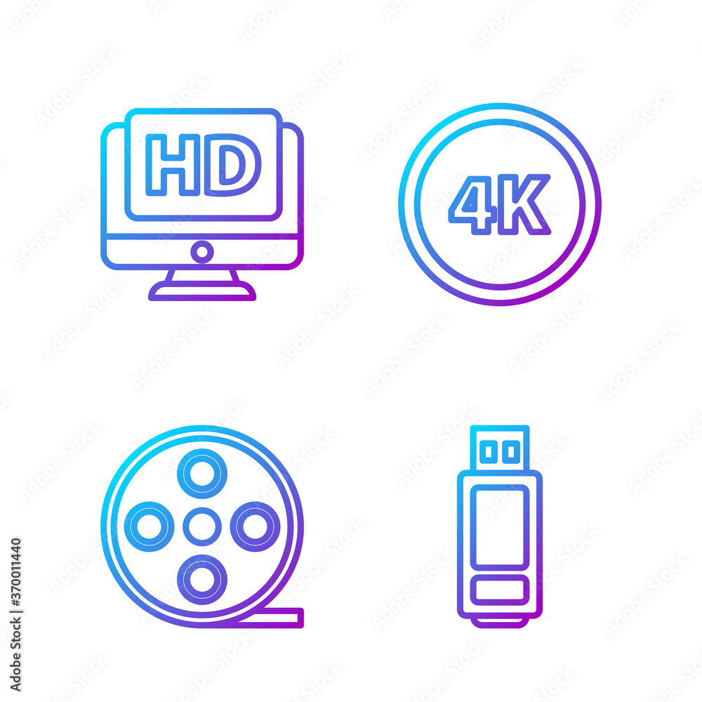 设置线USB闪存驱动器、胶卷卷轴、高清视频显示器和4k超高清。渐变色图标。Ve