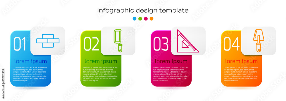 Set line Bricks，Hacksaw，Triangular ruler and Trowel.Business infographic template.Vector（设置线条砖、钢锯、三角