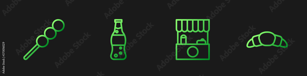 Set line Street stall with awning, Meatballs on wooden stick, Bottle of water and Croissant. Gradien