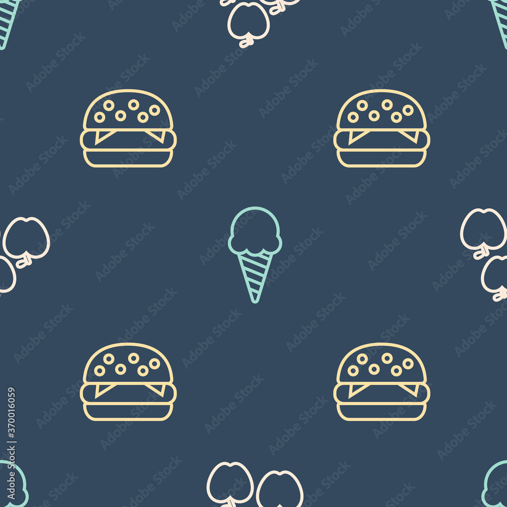 Set line Apple, Burger and Ice cream in waffle cone on seamless pattern. Vector.