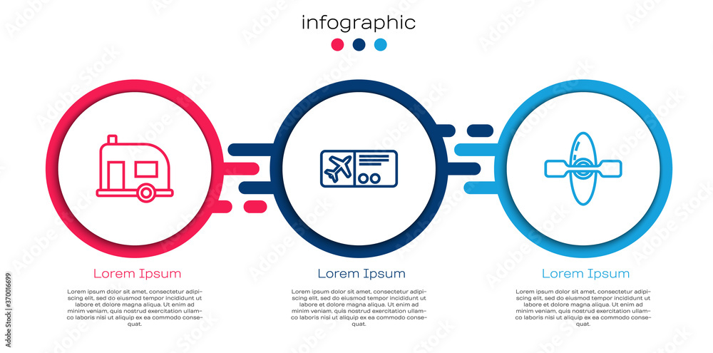 设置线路Rv露营拖车、机票和皮划艇或独木舟。商业信息图模板。Vecto