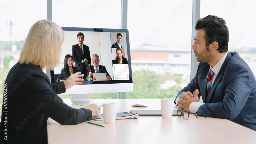 Video call group business people meeting on virtual workplace or remote office. Telework conference 