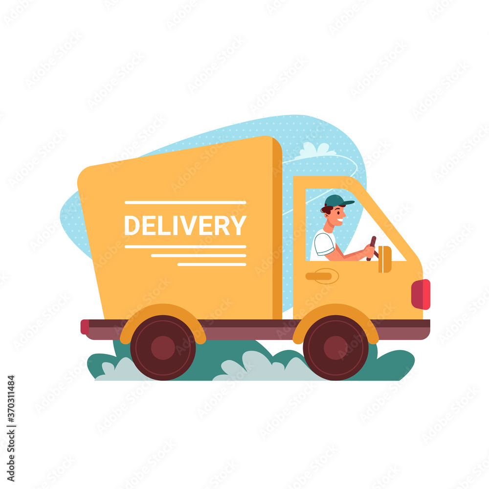 Delivery courier truck, car of deliver vector flat cartoon icon. Man driver in delivery van, express