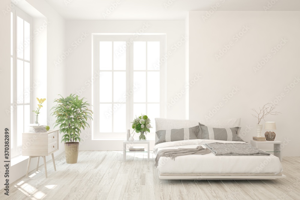 White bedroom interior. Scandinavian design. 3D illustration