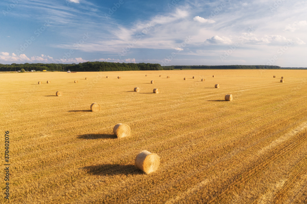 Aerial view of hay bales at sunset in summer. Top view of hay stacks. Agriculture. Field after harve