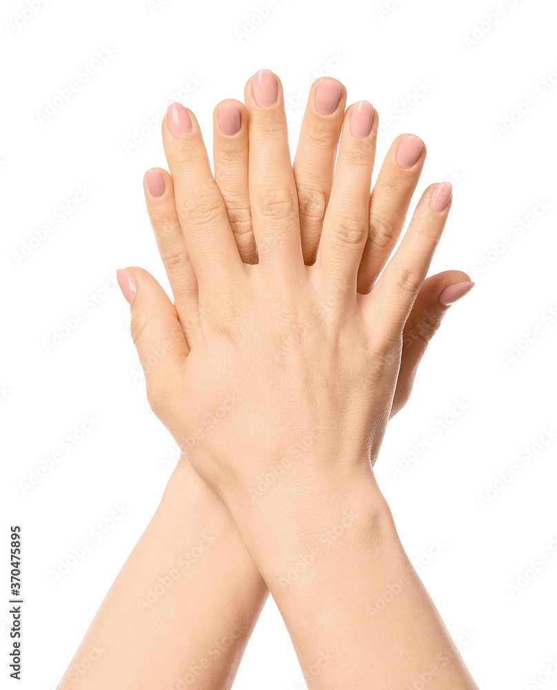 Hands with beautiful manicure on white background