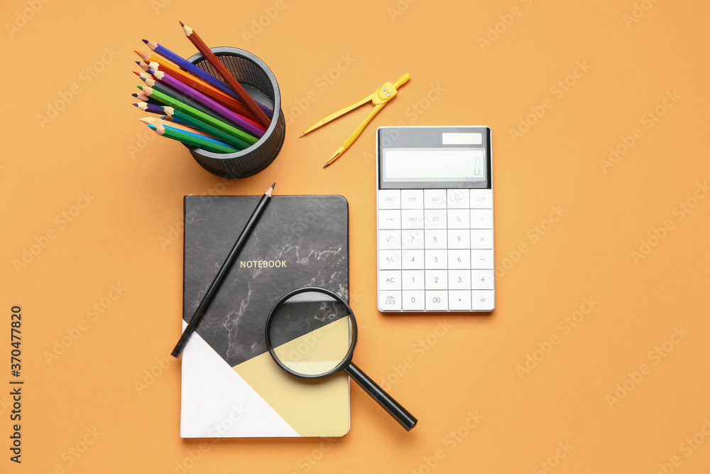 Set of stationery on color background