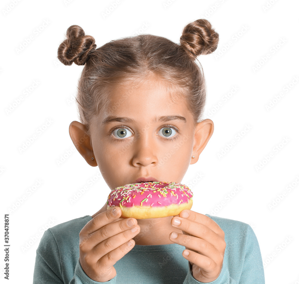 Surprised little girl with donut on white background