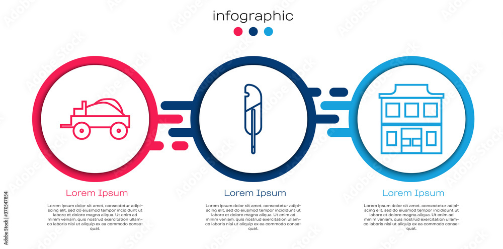 Set line Wild west有盖旅行车、羽毛笔和Wild west轿车。商业信息图模板.V