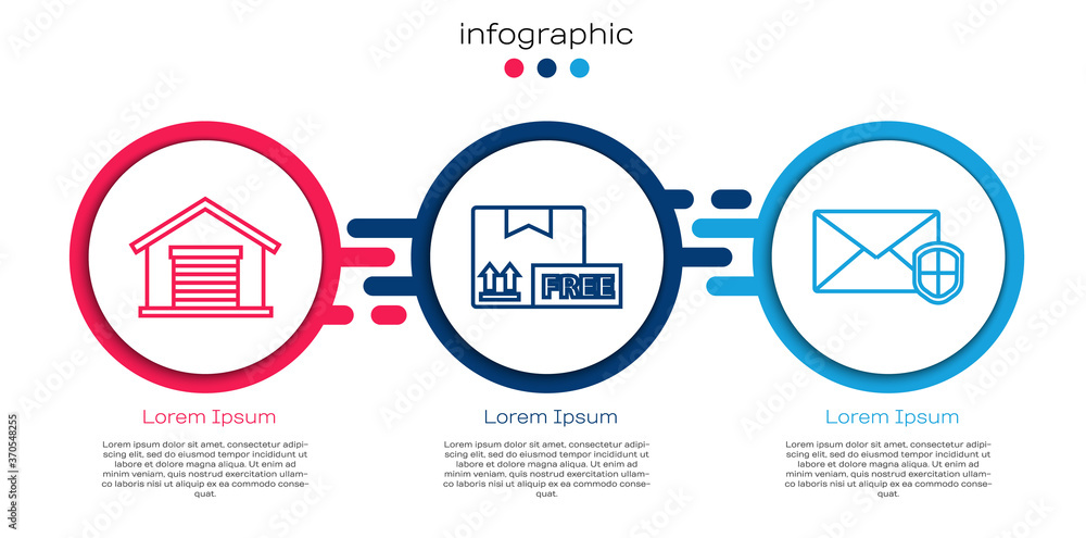 Set line Warehouse, Cardboard box with free symbol and Envelope with shield. Business infographic te