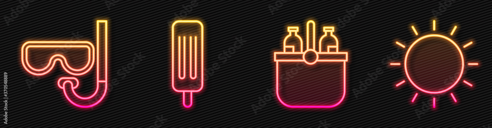 Set line Cooler bag and water, Diving mask and snorkel, Ice cream and Sun. Glowing neon icon. Vector