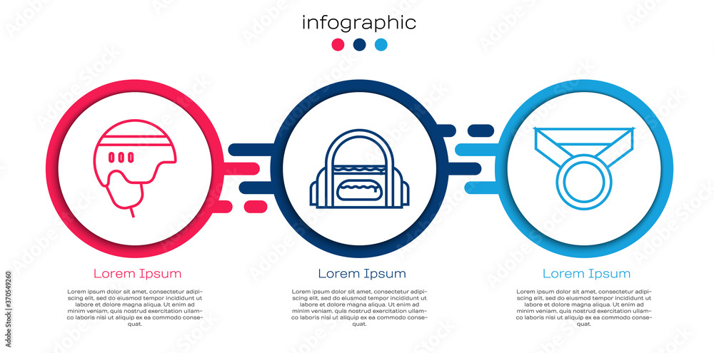 设置冰球头盔、运动包和奖章。商业信息图模板。矢量。