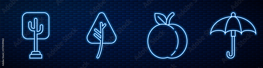 Set line Peach fruit, Tree, Leaf or leaves, Umbrella and Pear. Glowing neon icon on brick wall. Vect