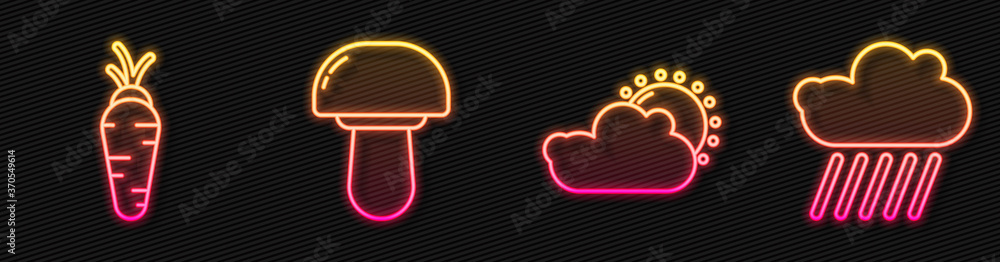 Set line Sun and cloud weather, Carrot, Mushroom and Cloud with rain. Glowing neon icon. Vector.