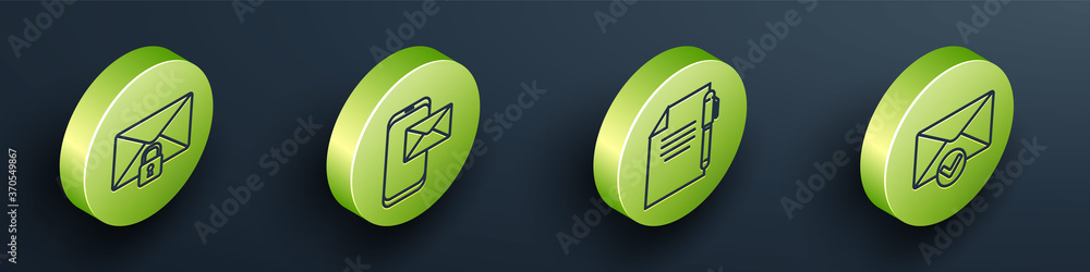 Set Isometric Mail message lock password, Mobile and envelope, Document and pen and Envelope and che