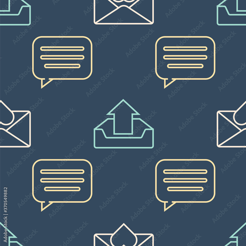 Set line Envelope with Valentine heart, Speech bubble chat and Upload inbox on seamless pattern. Vec