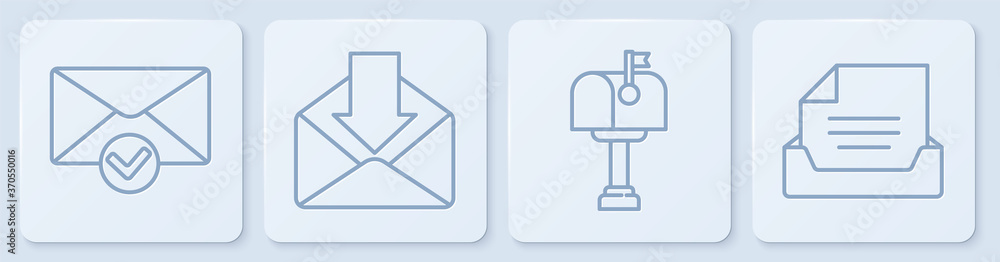 Set line Envelope and check mark, Mail box, Envelope and Drawer with document. White square button. 