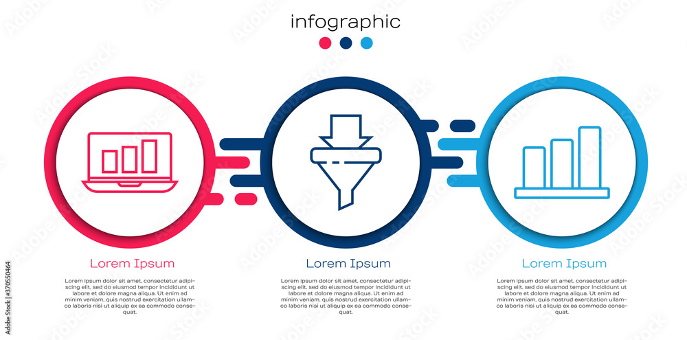 Set line Laptop with graph chart, Sales funnel with arrows and Pie chart infographic. Business infog