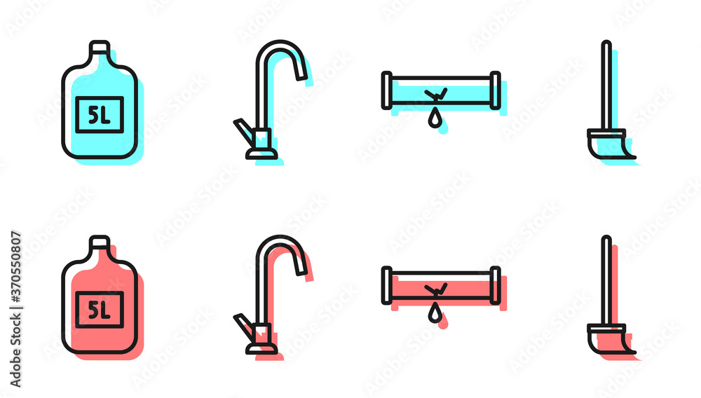 设置线路漏水的断管，干净水的大瓶子，水龙头和拖把图标。矢量