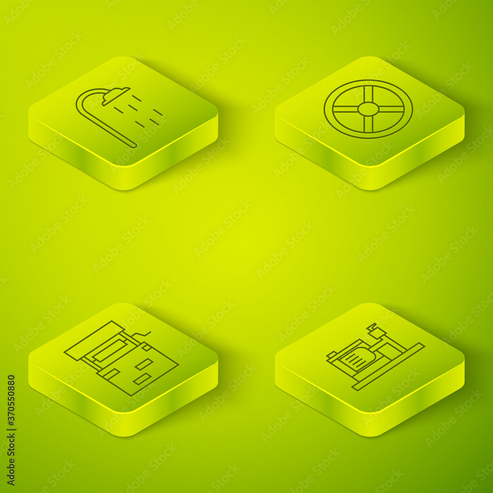 Set Isometric Industry valve, Well, Electric water pump and Shower icon. Vector.