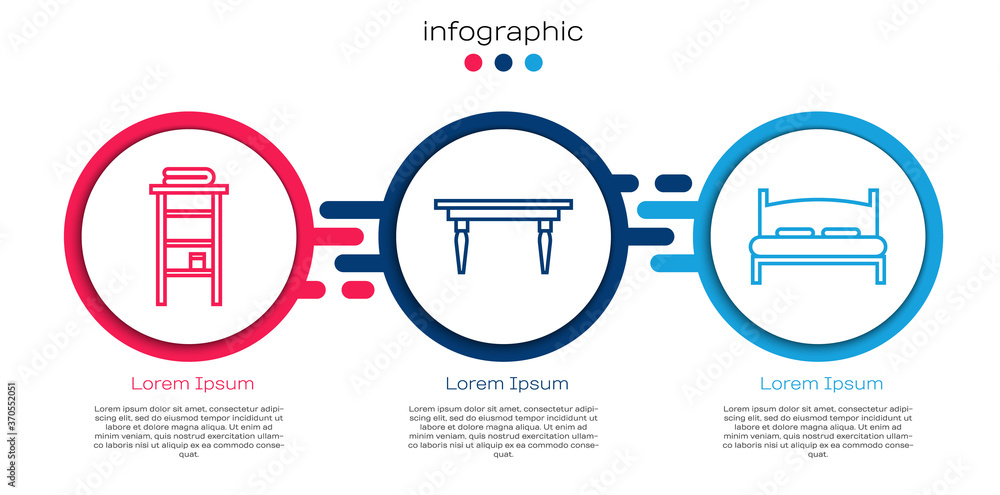 Set line Bathroom rack with shelves for towels, Wooden table and Big bed. Business infographic templ