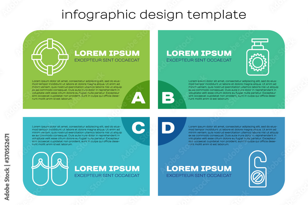Set line Flip flops, Lifebuoy, Please do not disturb and Sunscreen spray bottle. Business infographi