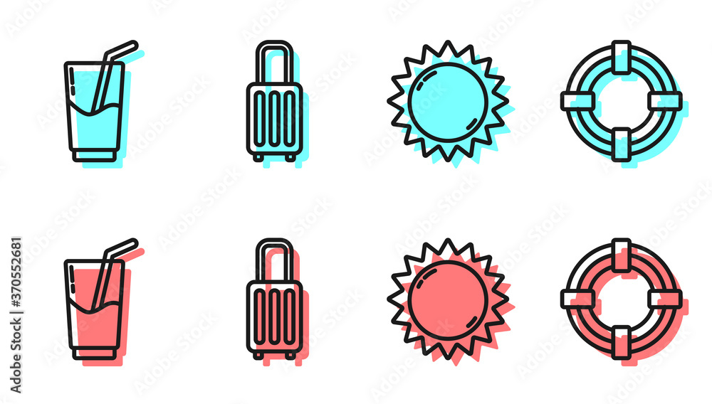设定太阳、鸡尾酒和酒精饮料、手提箱和救生圈图标。矢量。