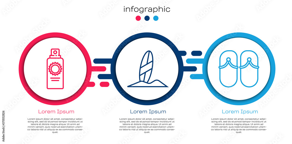 Set line Sunscreen spray bottle, Surfboard and Flip flops. Business infographic template. Vector.