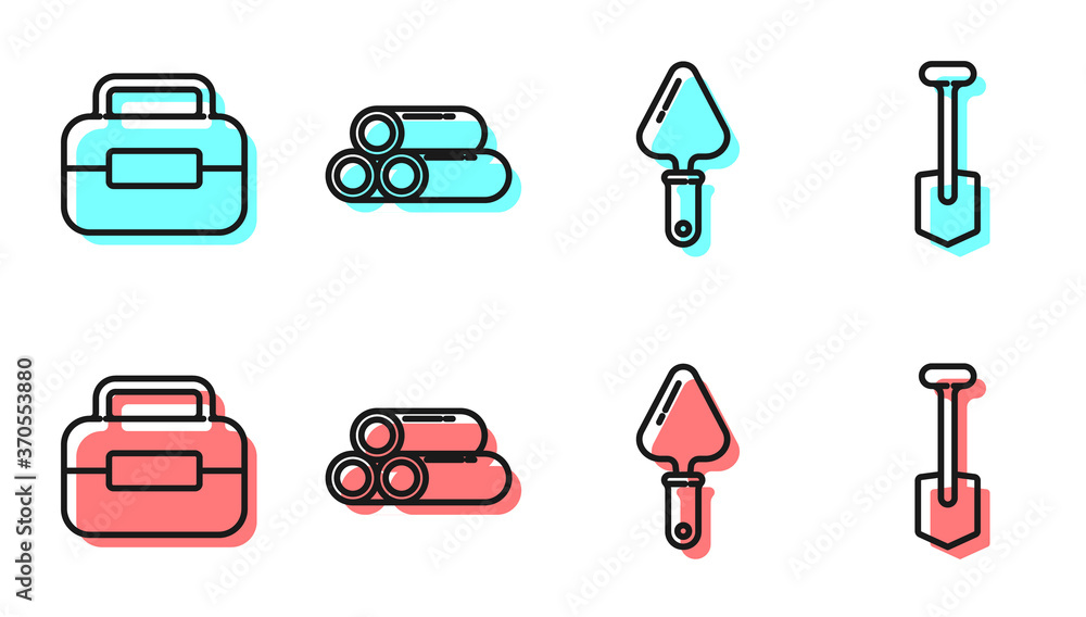 Set line Trowel，Toolbox，Industry metallic pipe and Shovel icon.Vector（设置线镘刀，工具箱，工业金属管和铲子图标。矢量。）