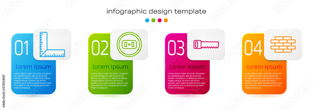 设定线角尺、电源插座、手锯和砖块。商业信息图模板。矢量