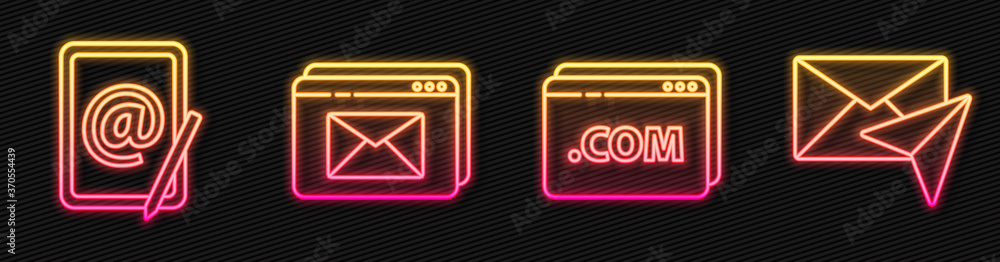 Set line Website template, Mail and e-mail, Website and envelope and Envelope. Glowing neon icon. Ve