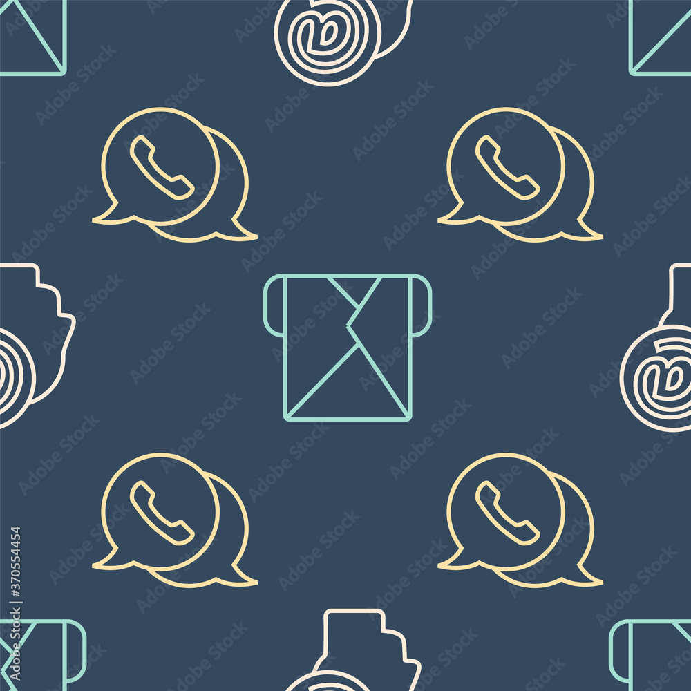 Set line Mail and e-mail, Telephone with speech bubble chat and Envelope on seamless pattern. Vector