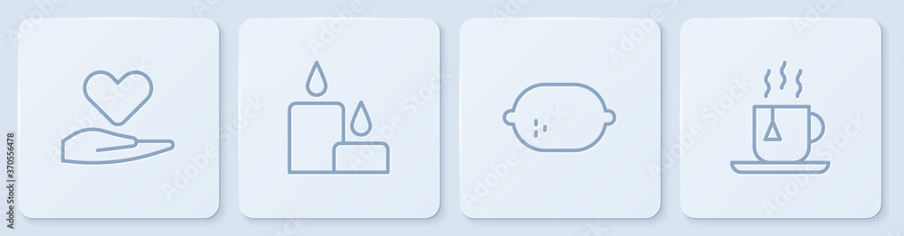 Set line Heart on hand，Lemon，Burning candle and Cup of tea with tea bag.White square button.Vect（手上放