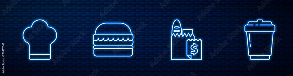 设置在线订购和送货、厨师帽、汉堡和咖啡杯。b上闪烁的霓虹灯图标