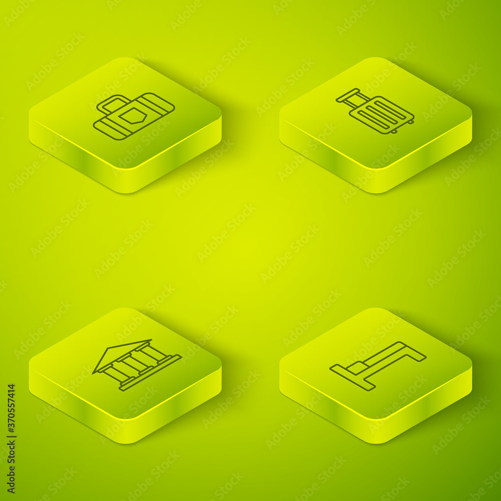 Set Isometric Suitcase, Museum building, Bed and icon. Vector.