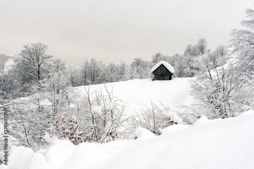 雪山木屋的极简主义冬季景观。多云的天气，景观照片