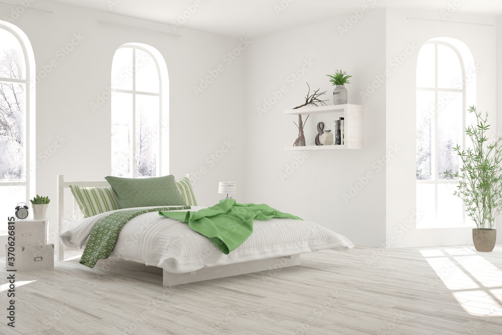 White stylish minimalist bedroom. Scandinavian interior design. 3D illustration