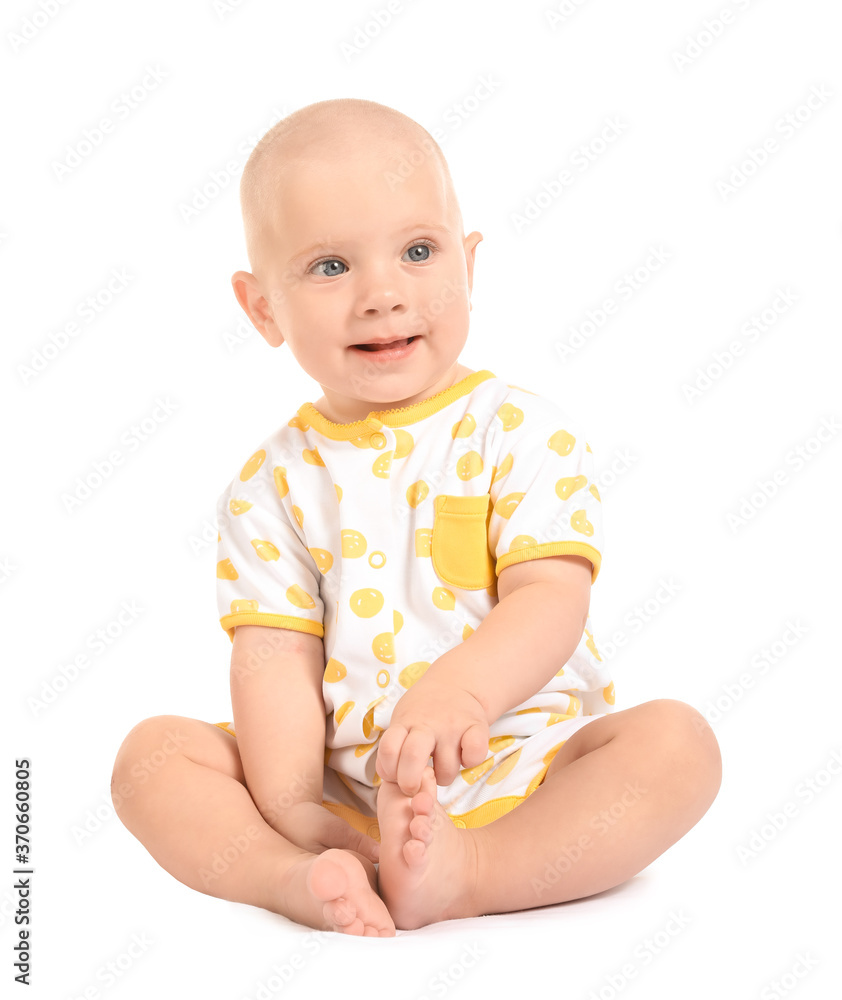 Portrait of cute little baby on white background