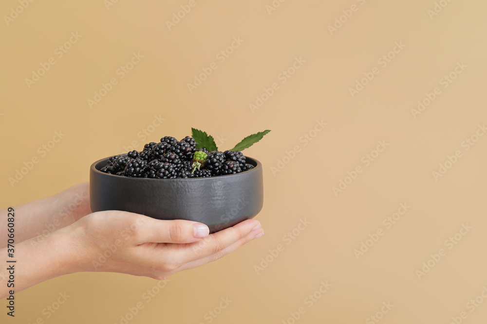 Female hands with tasty blackberry in bowl on color background