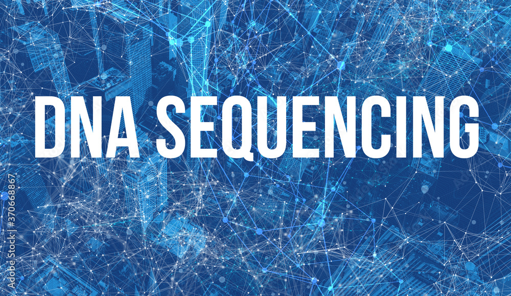 DNA Sequencing theme with abstract network patterns and skyscrapers