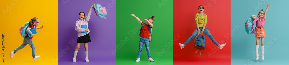 Back to school and happy time! Collage of five children on colorful paper wall background. Kids with