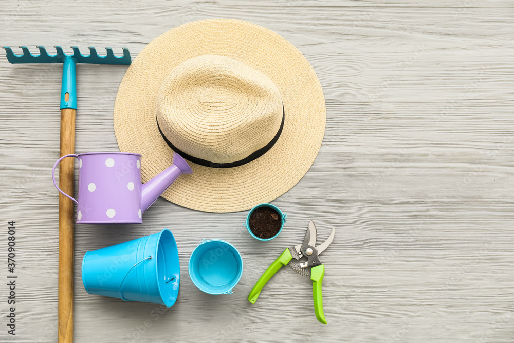 Gardening tools on wooden background