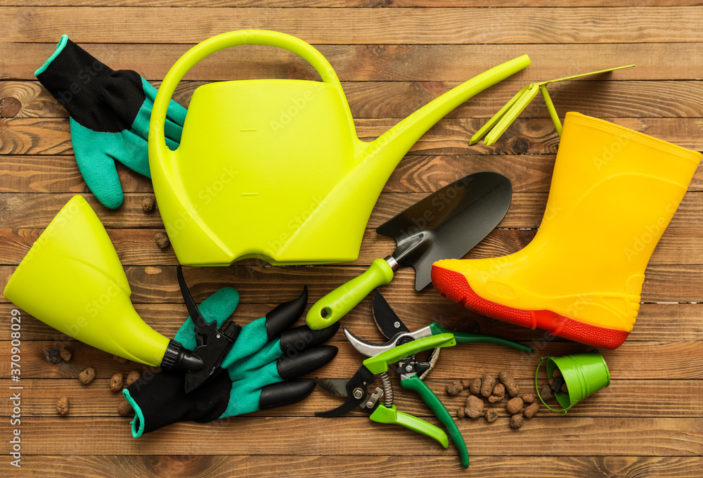 Gardening tools on wooden background