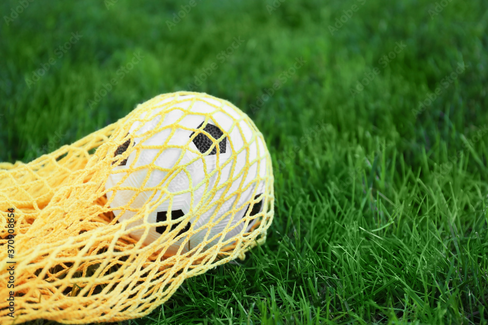 Soccer ball in net on green grass outdoors