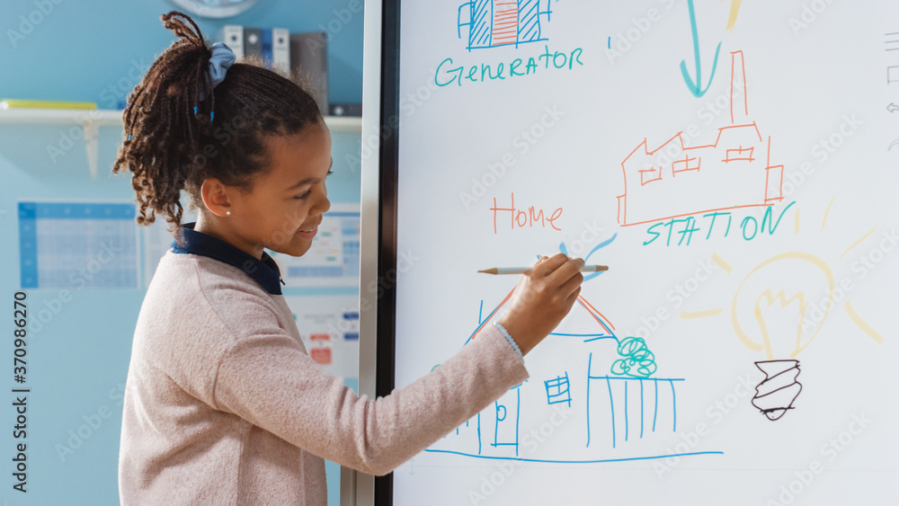 Elementary School Science Class: Portrait of Cute Girl Uses Interactive Digital Whiteboard to Show t