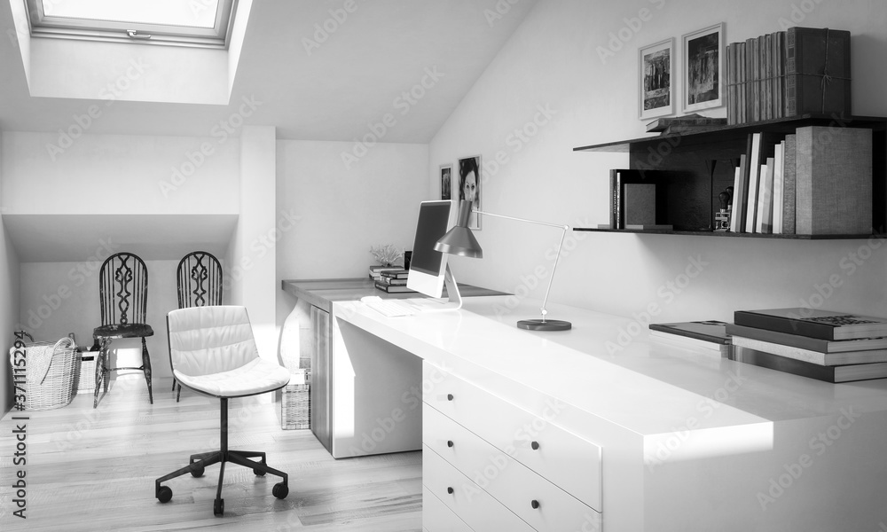 Refurbished Attic Office - black and white 3d visualization