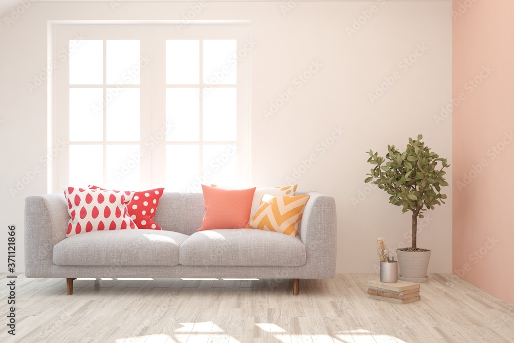 Coral stylish minimalist room with sofa. Scandinavian interior design. 3D illustration